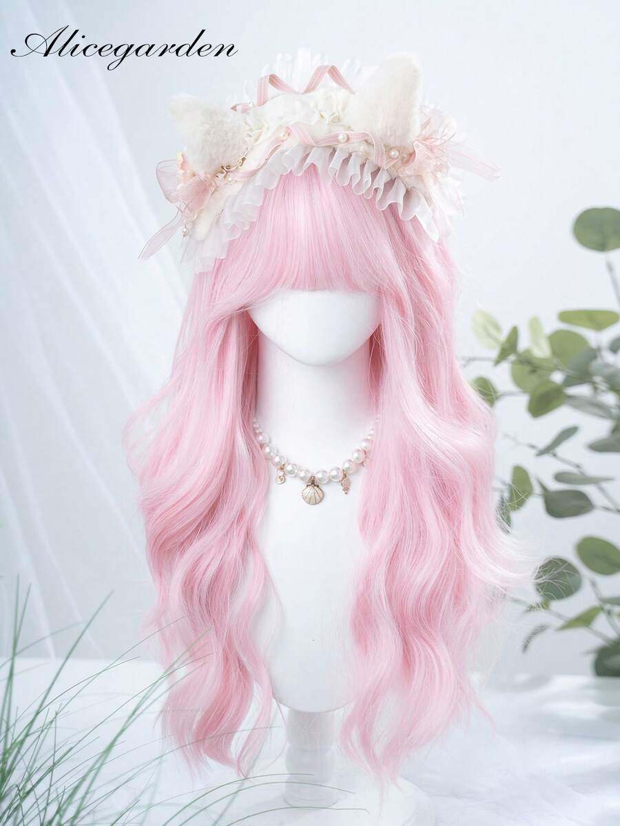 alicegarden 1 Synthetic Heat-Resistant Wig, Pink Long Rolled Wig With Bangs, 30 Feet Long, Made Of Fiber, Suitable For Daily Use, Natural Simulation Wig - Pink - View 1