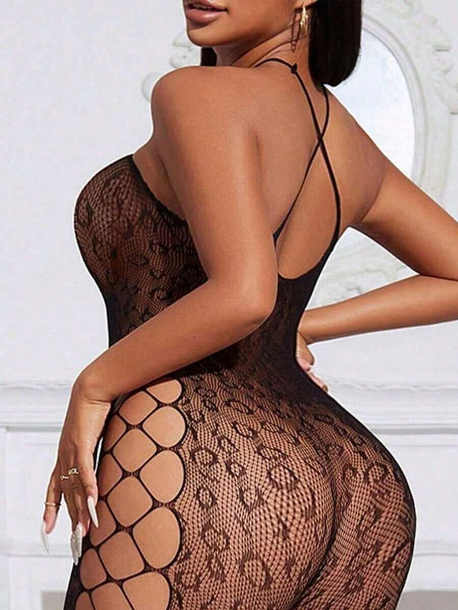 Women's Sexy Lingerie Bodystocking Off The Shoulder Fishnet Bodysuit Tights Lingerie Spaghetti Strap - Black - View 1