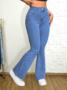 Women's Casual Flare Jeans With Pockets, Buttons And Zipper, High Elasticity, Long Length - 淺藍色 - 查看 3