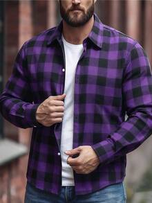 男士长袖拉绒格子衬衫，商务休闲，黑白，秋冬