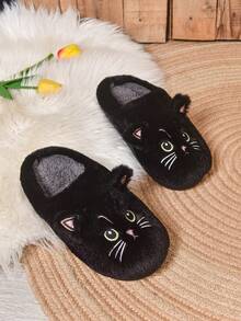 Autumn/Winter Anti-Slip Fluffy Cat Cartoon Slippers, Warm Thick Sole Indoor Home Slippers, Black,Furry Shoes - Black - View 4