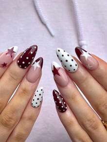 10片手工杏仁形渐变白色和深红色波点星形设计时尚优雅假指甲美甲用品 - 彩色 - 查看 11