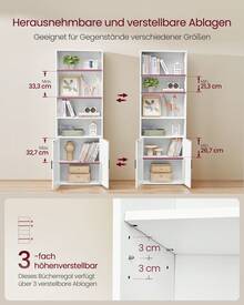 Custos Collection - Bücherregal, 6-stöckiges hohes Regal, Standregal mit Türen, offenes Aufbewahrungsregal, 24 x 60 x 175 cm, für Wohnzimmer, Homeoffice, Esszimmer