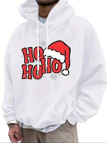 Adecuado para uso diario en vacaciones al aire libre, sudadera de Navidad para hombres de primavera y otoño, sudadera con capucha de hombro caído con estampado de letras, sudadera casual versátil con bolsillo y cordón - Blanco - Ver 6