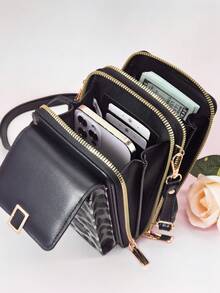 新款斜挎包多功能大容量双层拉链手机钱包时尚简约精致图案印花休闲度假约会女士钱包钱包腕带钱包 - 黑色 - 查看 6