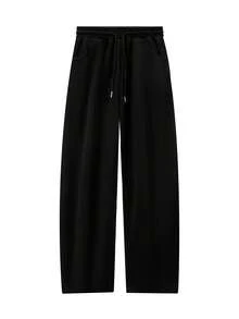 女款黑色简约Y2K街头风格宽松休闲抽绳系带直筒阔腿裤，适合居家、日常通勤、时尚、韩版、学生