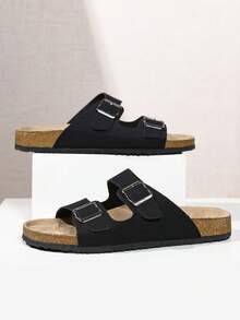 Fashionable Casual Black Suede Double Strap Mule Slippers, Adjustable Dual Metal Buckle Non-Slip Soft Cork Bottom Slip-On House Slippers, Suitable For Christmas, Halloween, Home, Date, Strolling, Commuting, Party, Beach