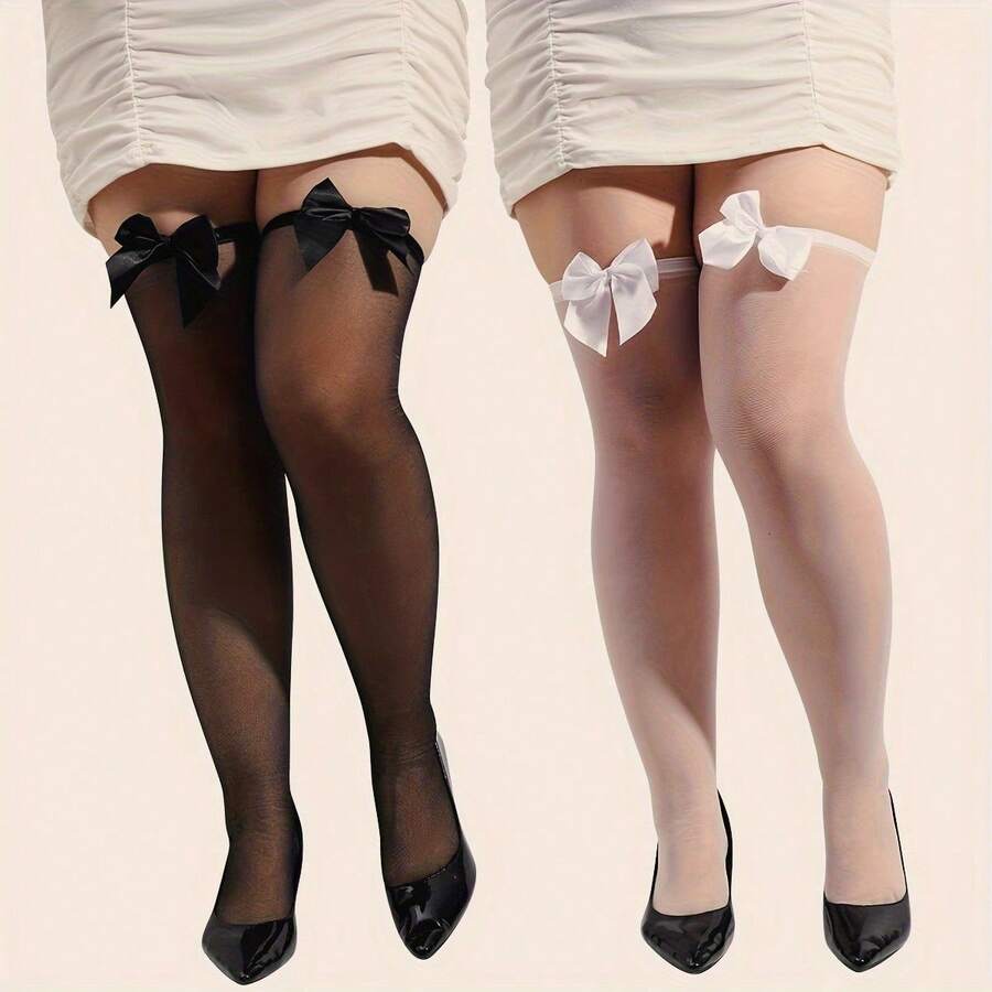 1 Pair Of Women's Cute Over-The-Knee Long Socks, Plus Size With Bow Decoration, Semi-Transparent Mesh Tight Long Tube Socks