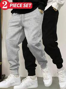 2pcs Men's Drawstring Waist Solid Color Long Sports Pants, Basic Black Fitness Pants - Multicolor - View 3