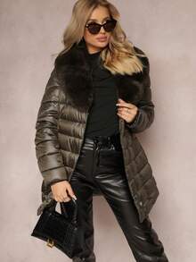 Quilted Jacket With Belt And Fur Collar - Green - View 2