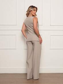Laris Women's Tailored Work Set, Maxi Vest Blouse With Buttons And Dress Pants - 米色 - 查看 4