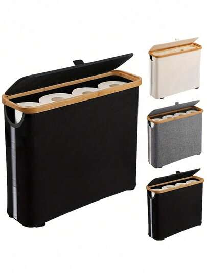 Large Capacity Foldable Toilet Paper Holder With Lid - Space-Saving Bathroom Organizer, Composite Wood Frame & Gray Fabric Finish, Modern Home Storage Solution, Toilet Paper Storage Containers