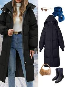 Women's Casual Solid Color Hooded Jacket With Pockets, Thick For Autumn/Winter - Black - View 6