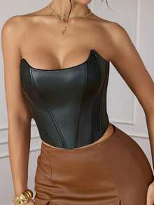 Tops de corsé negro Tops de tubo recortados de cuero de PU con cordones en la espalda sin espalda Shapewear sexy con huesos para entrenamiento de cintura para mujeres Ropa Y2k Disfraces de Halloween Atuendos de festival de música electrónica Atuendo de Acción de Gracias