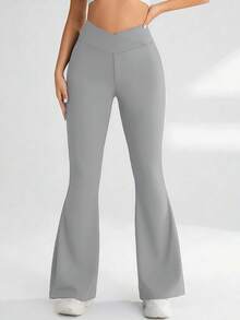 YZMJAFU 女士高腰喇叭裤，交叉弹力腰带设计，休闲百搭修身阔腿裤，弹力面料，凸显曲线，瑜伽/健身紧身打底裤，高腰隐形提臀收腹裤，柔软面料 - 淺灰色 - 查看 6