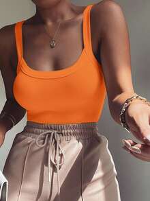 ChicMe U Neck Sleeveless Spaghetti Strap Ribbed Bodysuit Slim Fit Stretchy Basic Tank Top Classic Versatile Layering Shirt For Women