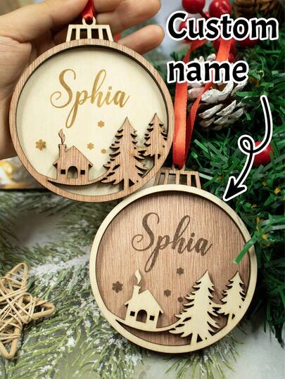 Custom Christmas Decorations, Personalized Christmas Tree Decorations, Customized Name Ornaments, Customizable Christmas Decor, Diy Ornaments, Christmas, Living Room Decor, Outdoor, Garden, Pine Tree Cottage Wooden Pendant, Christmas Crafts For Kids, Room Decor, Boys, Girls, Mom, Dad, Kids, Family