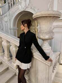 Elegant Fitted Long Sleeve Blazer Dress With Peak Lapels And Pleated Hem Perfect For Party And Casual Wear - 黑色 - 查看 2