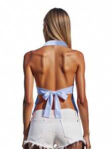 Womens Halter Tank Tops Summer  Solid Color Slim Fit Backless Deep V Neck Sleeveless Shirt - Azul - Ver 5