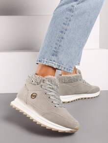 Soft Faux Fur Trim High-Top Sneakers For Women Casual Winter - Grey - View 1
