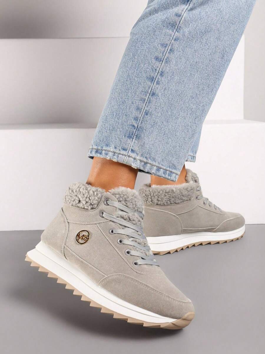 Soft Faux Fur Trim High-Top Sneakers For Women Casual Winter - Grey - View 1