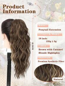 18英寸多层马尾接发，爪夹式马尾蓬松浓密水波纹假马尾假发，柔软自然，适合女性（棕色带焦糖金挑染）接发 - 間色 - 查看 2