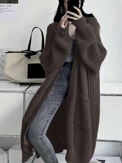 Offener, locker gestrickter Cardigan, lässiger Langarm-Pullover in Oversize-Länge mit Tasche, Damenbekleidung