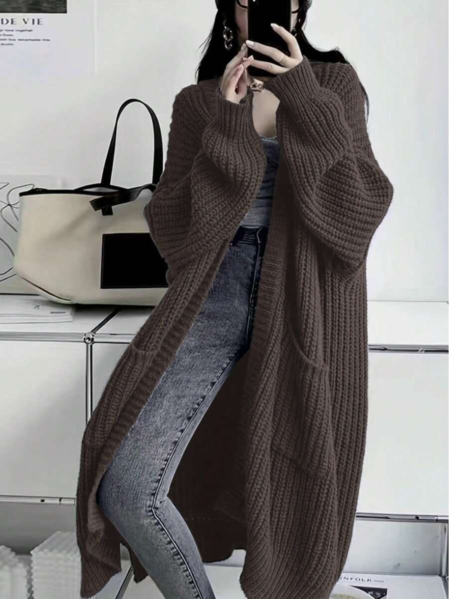 纯色前开宽松针织开衫，休闲长袖长款带口袋毛衣，女士服装 - 咖啡棕 - 查看 1
