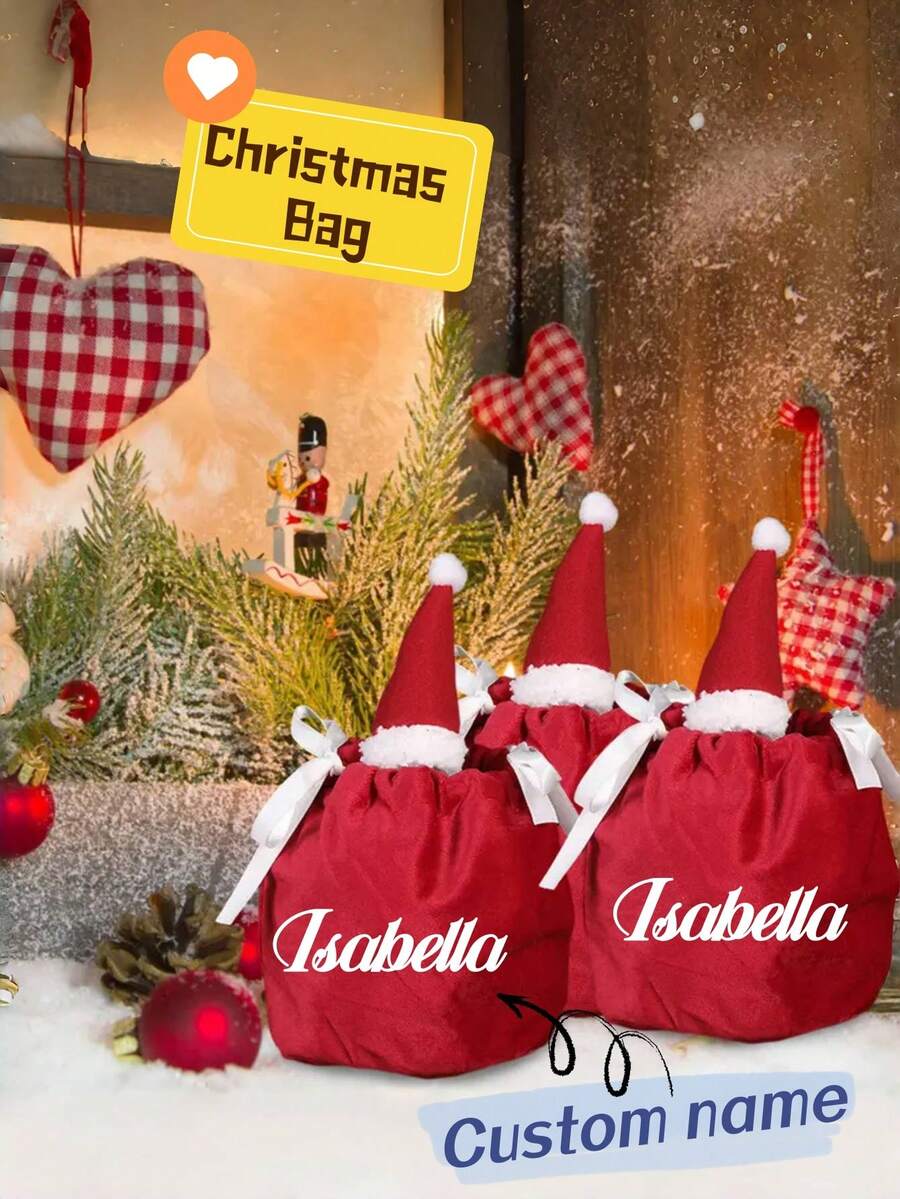 1 Peça Sacola de Presente de Natal Personalizada, Acessórios de Enfeite de Natal Personalizados, Artesanato de Letra em Relevo Feito à Mão, Suprimentos de Presente de Natal Criativos, Sacola de Maçã de Veludo de Natal, Bolsa de Cordão de Véspera de Natal, Sacola de Presente de Natal, Suprimentos para Festa de Feriado, Presentes de Família, Sacola de Presente de Natal para Crianças, Sacola de Doces.