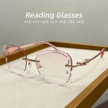 2025 New Fashionable Women's Reading Glasses Square Frame Elegant Frameless Simple Rhinestone Exquisite Personalized Suitable For Office Wear Use +1.0-+4.0 - White - View 2