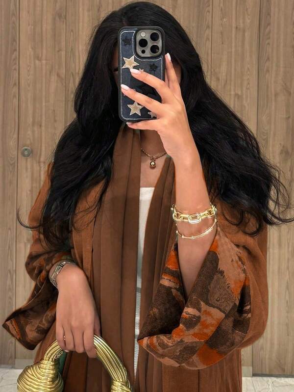 Abaya For Women, 1 Pc Fashionable Simple Asymmetric Tie-Dye Retro Printed Cuffs Solid Color Robe Cardigan Abaya, French Elegant Women's Robe Dress Abaya, Suitable For Daily Life, Work, Travel, Party (Headscarf Not Included)