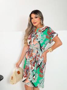 Dress In All-Over Leaf Print Fabric With Belt, Button At The Front, Party Wedding Spring Summer - màu xanh lá - Xem 10