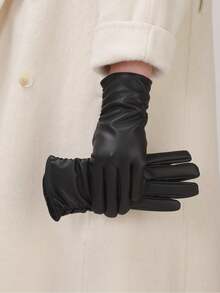 1双纯色街头风PU皮革绗缝女士仿皮手套，时尚保暖防水，适合冬季外出、约会，带保暖内衬，也适合圣诞节和万圣节佩戴。