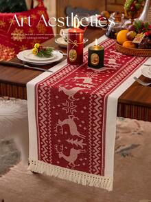 1 pieza Camino de mesa de tela rojo navideño, con flecos de borlas, diseño de estilo nórdico con estampado de ciervos, adecuado para mesa de comedor, sala de estar, decoración del hogar, regalo festivo y decoración de fiesta, disponible en varios tamaños - Rojo - Ver 5