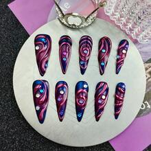 10 PCS Of Handmade Press On Fake Nails, Cyberpunk Wearable Nails, Finished Nail Art, Long Pointed Adhesive Fake Nails With Butterfly Patterns, Creating A Bold Futuristic Look, Reusable, Simulation Style, Artificial Nails, Suitable For Weekend Parties And Giving Gifts To Friends..Super Explosive Product Halloween - 中紫紅色 - 查看 2