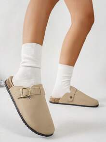 纯色金属搭扣装饰套脚凉鞋，厚底舒适柔软软木鞋底，坡跟凉拖，适合户外、通勤、休闲、日常穿着。 - 卡其色 - 查看 5