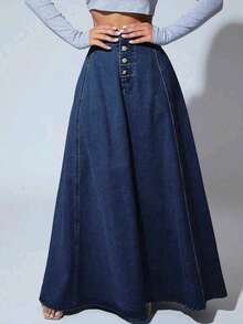 女士中长款无弹力牛仔裙，休闲中长款牛仔裙