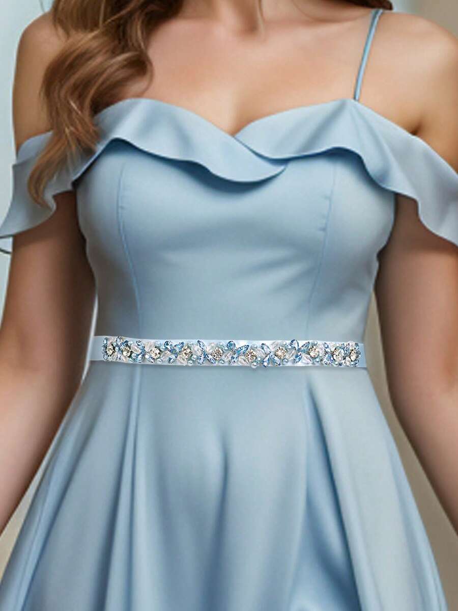1pc Fashionable Minimalist Wedding Dress Belt, Handmade Banquet Dress Waist Decor, Suitable For Daily Wear And Important Festivals, Light Blue Crystal