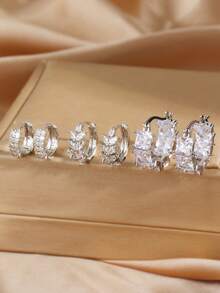 6pcs Cubic Zirconia Hoop Earrings Sets Women Leaf Silver Plated Earrings Holiday Party Birthday Wedding Jewelry Gift For Girlfriend Wife Couple