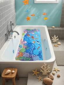 1 件蓝色 Halobios 防滑浴缸垫，卡通图案，带吸盘和排水孔，超大尺寸 100*40 厘米，适用于浴缸和淋浴房，可机洗，婴儿洗浴用品