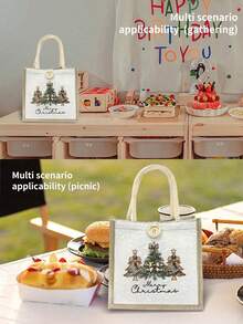 1pc Christmas Print Linen Tote Bag, Reusable Printed Women'S Tote Bag, Double Handle Shopping School Bag, Large Capacity Shoulder Bag, Casual Tote Bag, Christmas Storage Bag, Suitable For Commuting, School And Shopping, Convenient For Outdoor Use, Gift For Friends And Besties, Teacher Gift, Perfect Choice For Vacation And Festival