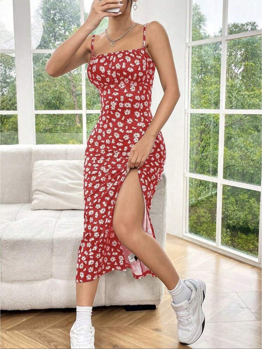 Vestido sensual con cuello halter para mujer, vestidos casuales para mujer, vestidos elegantes para dama, vestidos curvy, vestidos midi con abertura para mujer. - Rojo - Ver 1