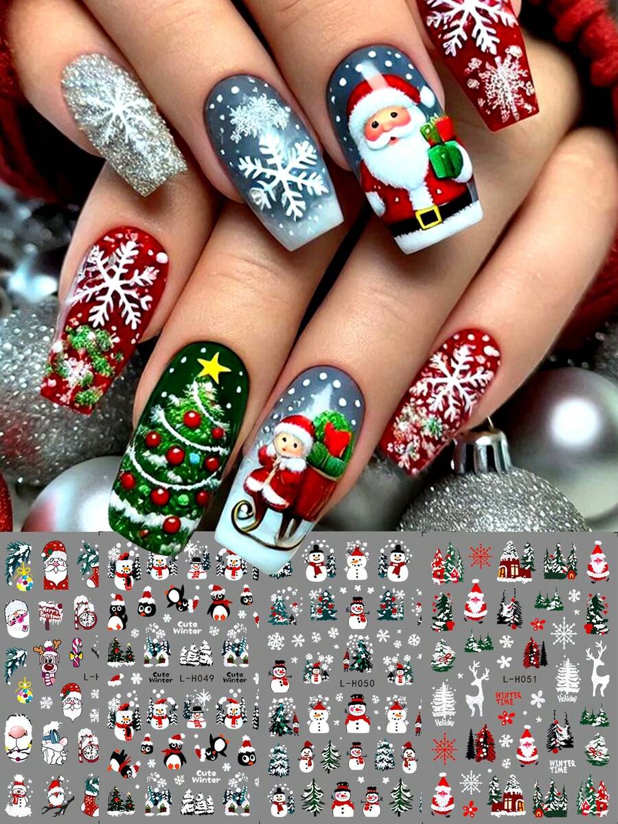 3D Weihnachtsmann Elch Nagelkunst Aufkleber Abziehbilder selbstklebend Feiertage Kinder süß rot weiß Schneeflocke Kiefer Baum Elch Nagel Zubehör Nagelkunst Design Dekorationsaccessoires Nägel - Verschiedenfarbig - Übersicht 1