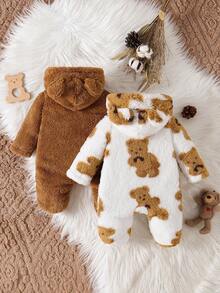 2pcs Baby Boys Cute Fleece Solid Bear Pattern Long Sleeve Hooded Jumpsuit Set, Winter