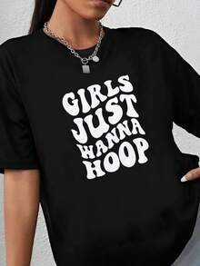 180g pure Cotton Youth Girls Just Wanna Hoop Basketball Hooded Sweatshirt for Basketball Player,  Team Matching Hooded, College Basketball Fan Gift Comfortable graphic T-Shirt For Women Casual Stretched female Women Top Graphic Tees Soft Casual streetwear - Negro - Ver 1
