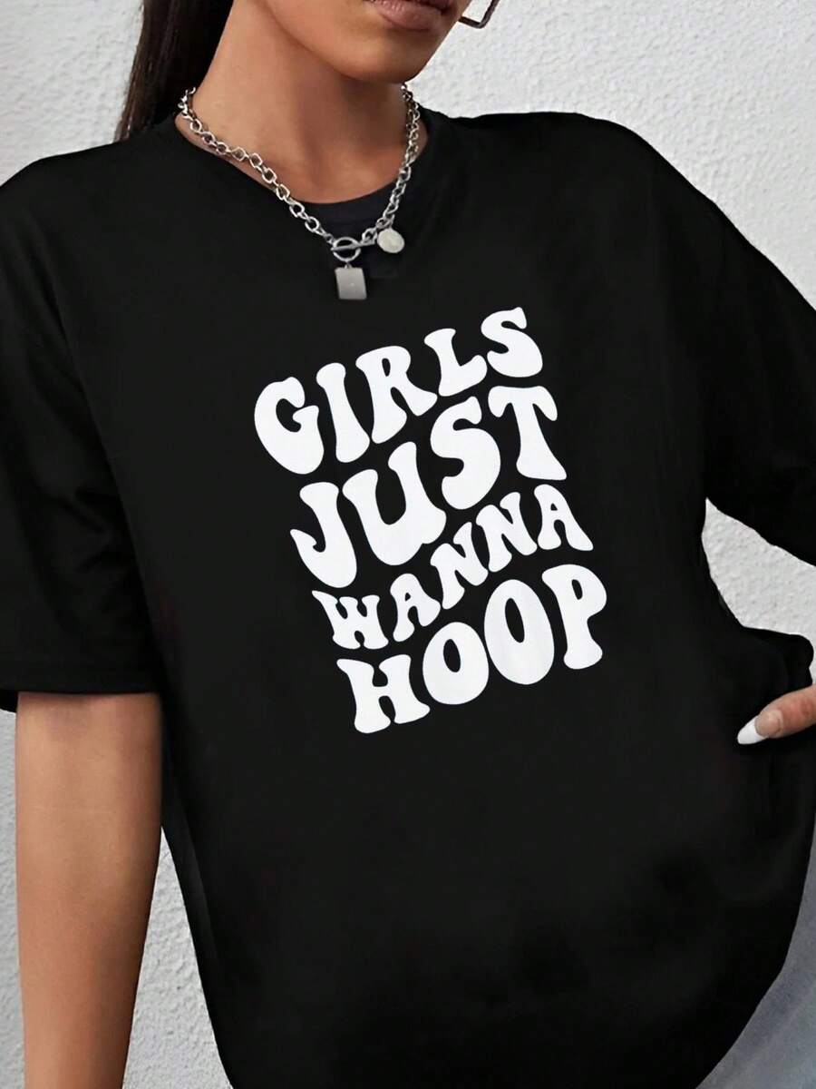 180g pure Cotton Youth Girls Just Wanna Hoop Basketball Hooded Sweatshirt for Basketball Player,  Team Matching Hooded, College Basketball Fan Gift Comfortable graphic T-Shirt For Women Casual Stretched female Women Top Graphic Tees Soft Casual streetwear - Negro - Ver 1