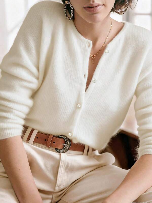 Women's Casual Versatile Solid Color Cardigan, Back To School Cardigan Women, Winter Clothes For Women, Butter Fall Clothes For Women, Modest Vintage Old Money Style Christmas New Year Chic Perfect Valentine's Day Basic Top White Top