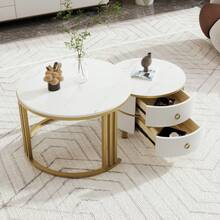 2-In-1 Round MDF Coffee Table, Side Table With Glossy Top And 1 White Marble Top, Living Room Coffee Table Combination With 2 Drawers, 70*70*46 + 50*50*40 Cm - White + MDF - View 1