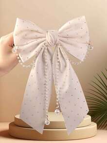 1pc Girls' Fashion Rhinestone Bow Pearl Pendant Decor Spring Clip (Random Pearl Quantity) - Beige - View 5