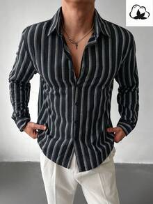 WAIT HIM 男士单排扣宽松休闲条纹长袖衬衫，秋季 - 黑色 - 查看 3